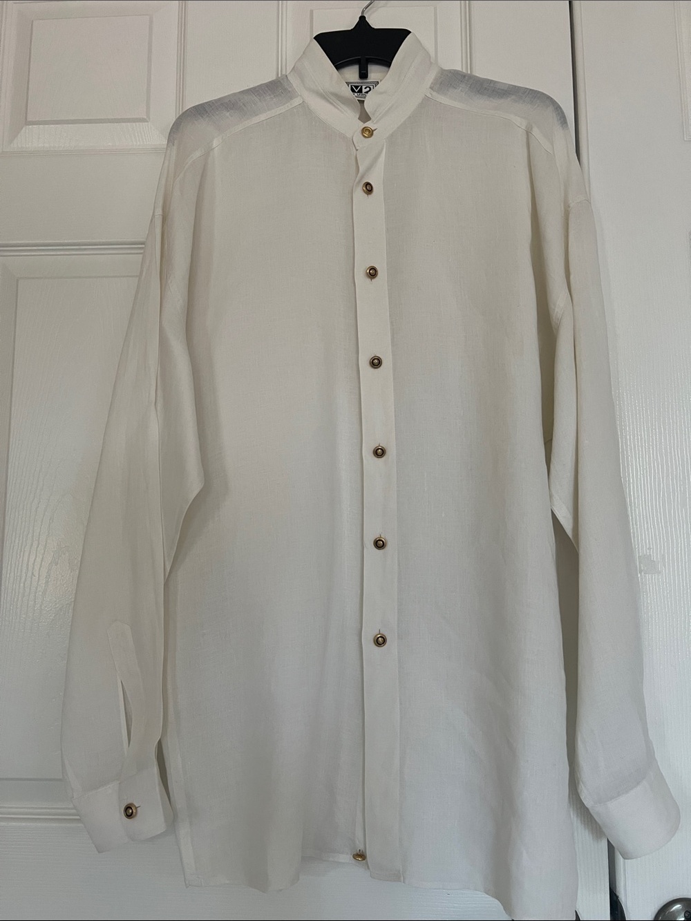Versace Classic V-2 White Stand Up Collar Linen Butoon Down Logo Dress Shirt